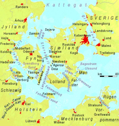 Belte_inter_CC BY-SA 3.0 Karte der "Belts" und "Sunde" in Dänemark und der südwestlichen Ostsee // "Belts" and "Sounds" in Denmark and southwestern Baltic Sea